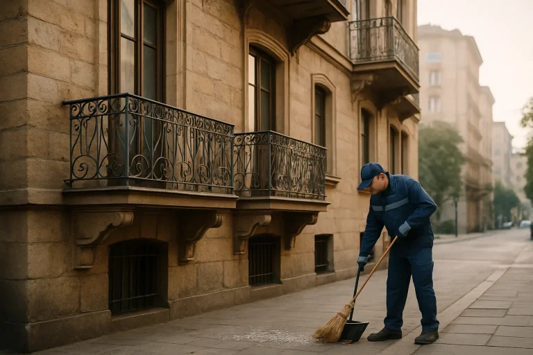 Un technicien en uniforme nettoie les fientes de pigeons sur un balcon d'un bâtiment ancien.