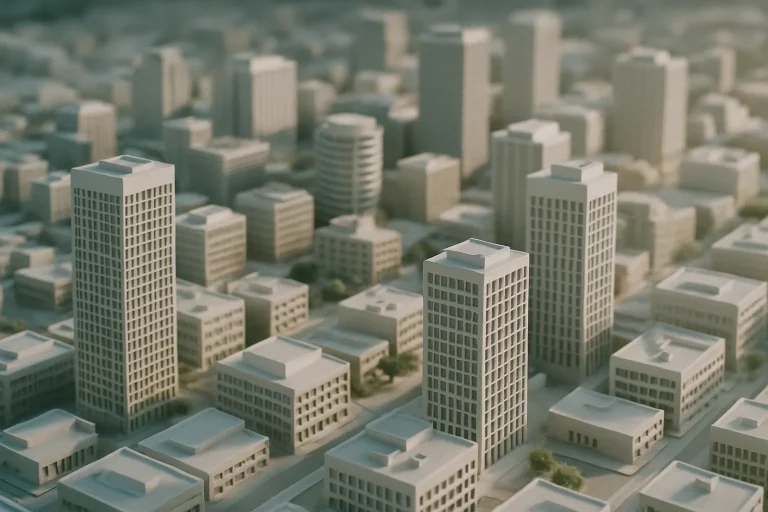 Maquette de ville moderne, bâtiments avec solutions anti-pigeons, vue en hauteur