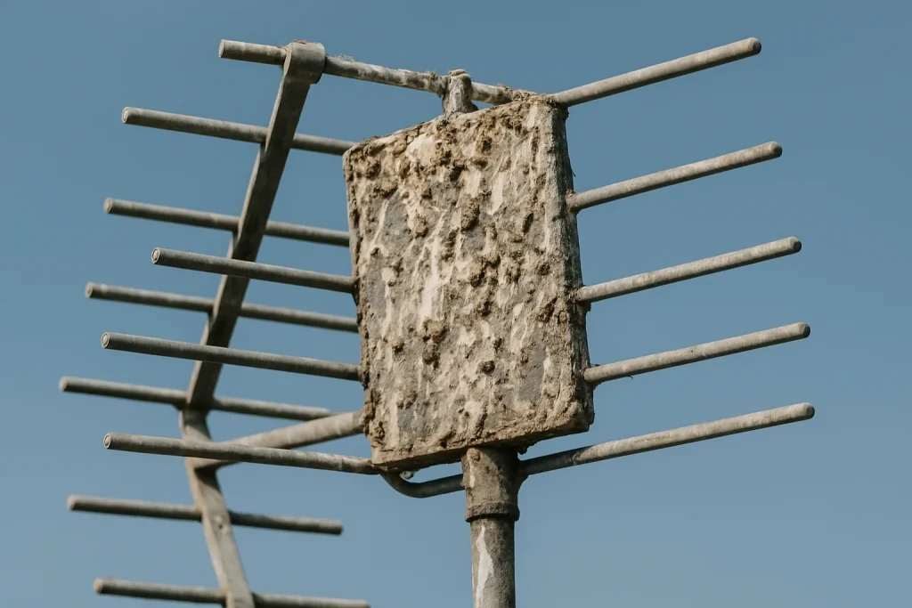 Antenne télévisée montrant des fientes de pigeons, ciel bleu en arrière-plan.