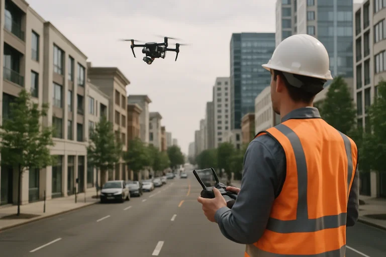 Technicien utilisant un drone au-dessus d'une rue urbaine pour le nettoyage