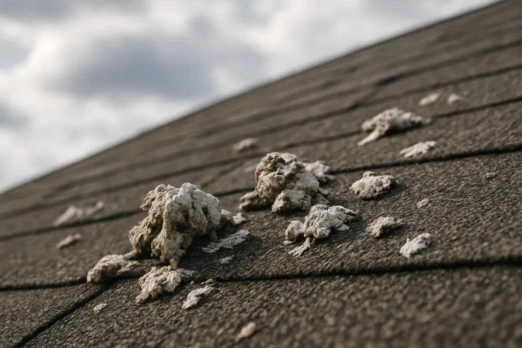 Gros plan de fientes de pigeons séchées sur un toit incliné par temps nuageux