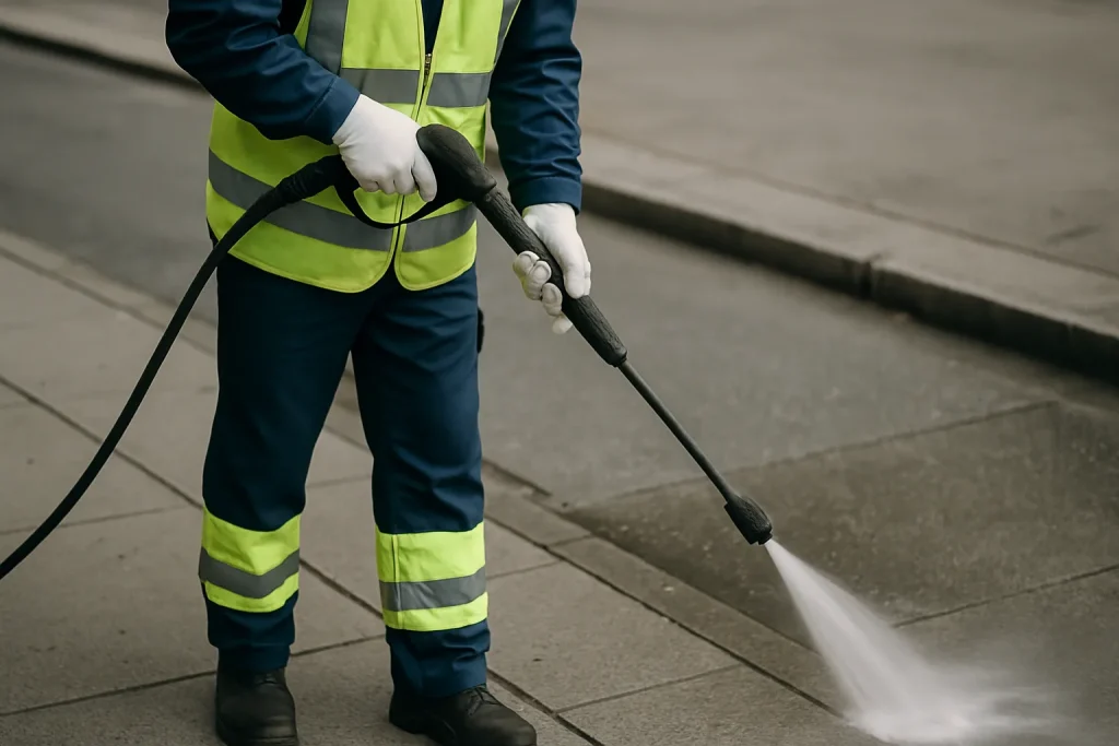 Agent de nettoyage utilisant un jet d'eau haute pression sur un trottoir pour enlever les fientes de pigeons.