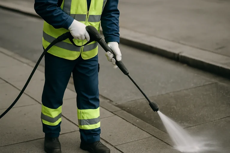 Agent de nettoyage utilisant un jet d'eau haute pression sur un trottoir pour enlever les fientes de pigeons.