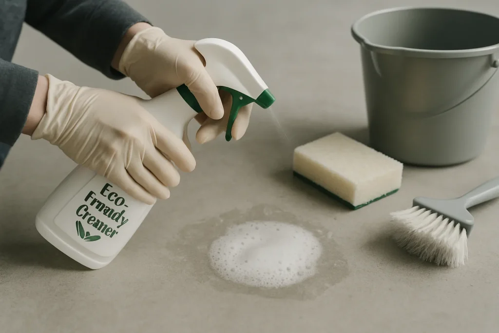 Mains gantées nettoyant des fientes de pigeons avec un produit écologique sur béton