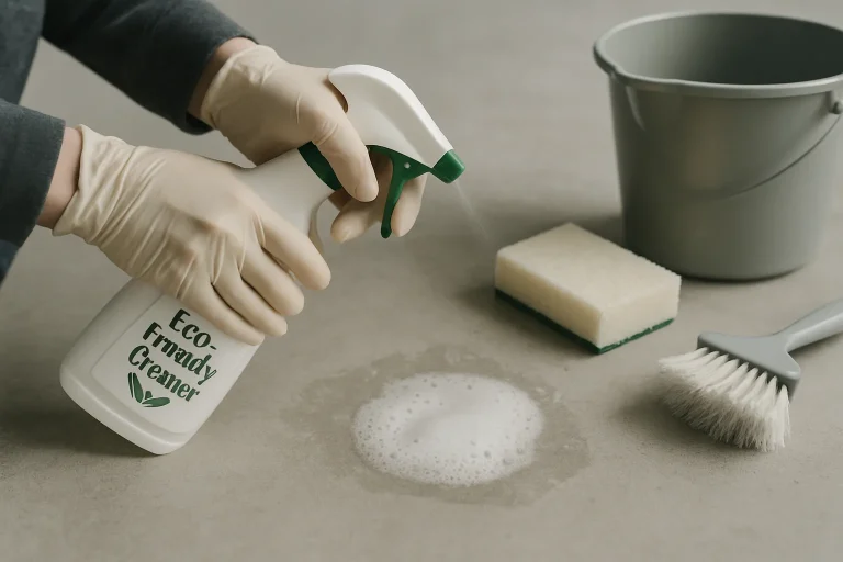 Mains gantées nettoyant des fientes de pigeons avec un produit écologique sur béton