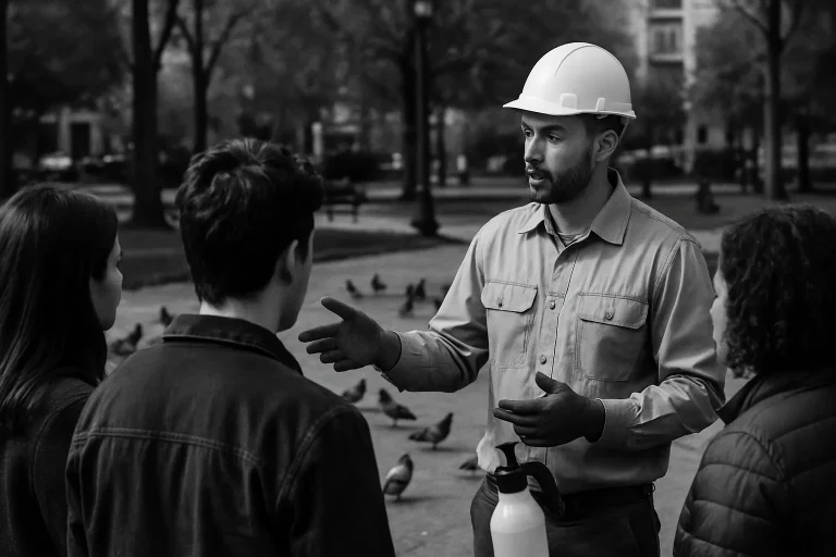 Technicien expliquant les dangers des fientes de pigeons à un groupe dans un parc.