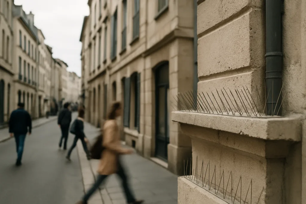 Dispositifs anti-pigeons installés sur les façades d'une rue urbaine, en pleine journée.