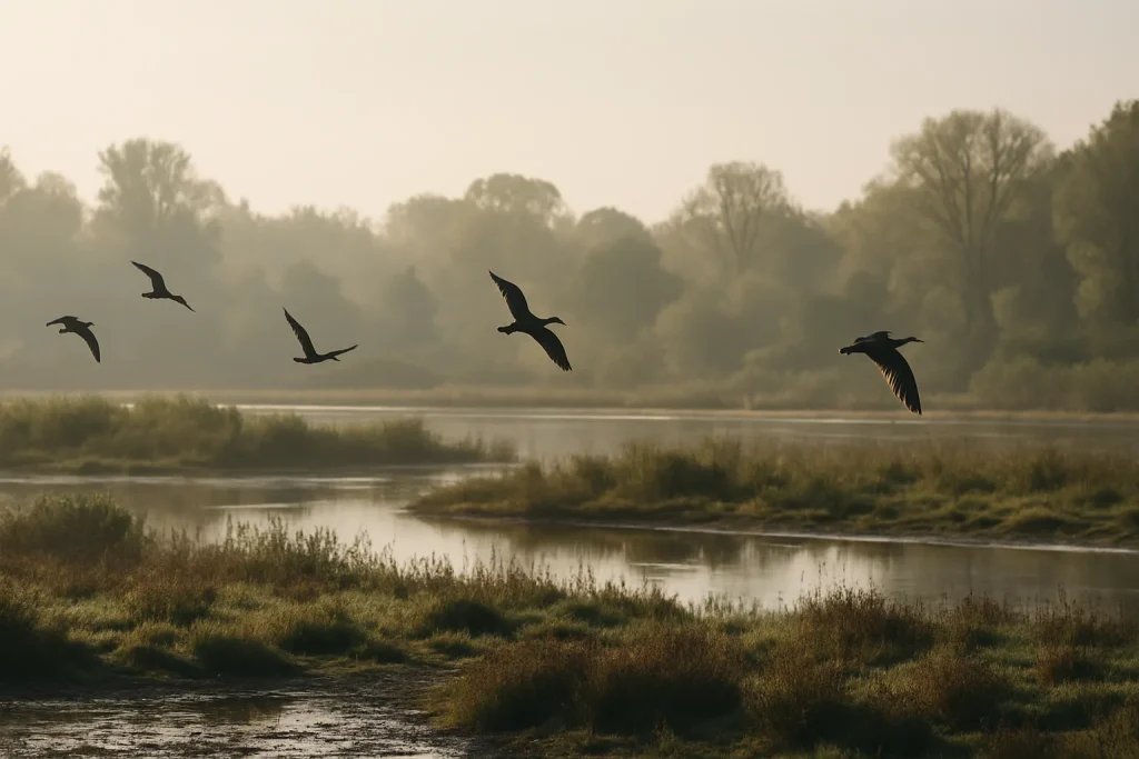 Site de conservation avec oiseaux en vol et végétation environnante.