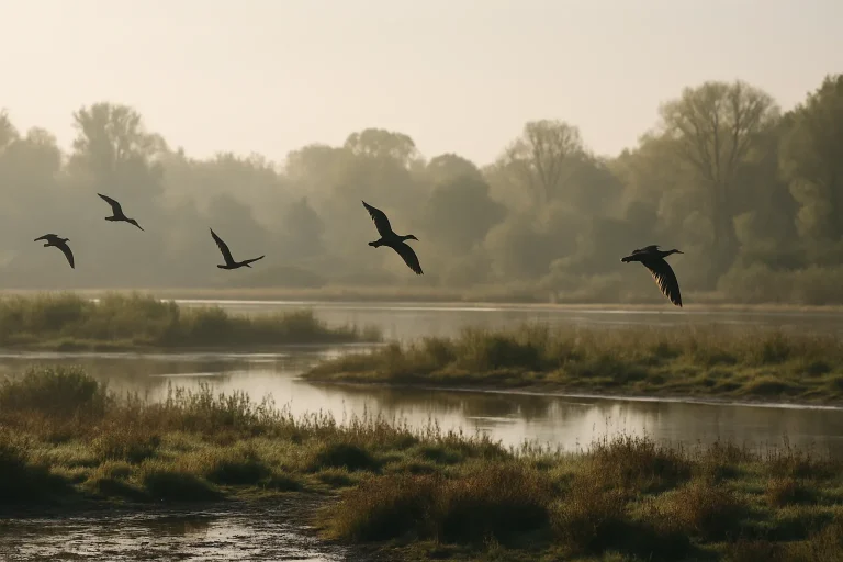 Site de conservation avec oiseaux en vol et végétation environnante.