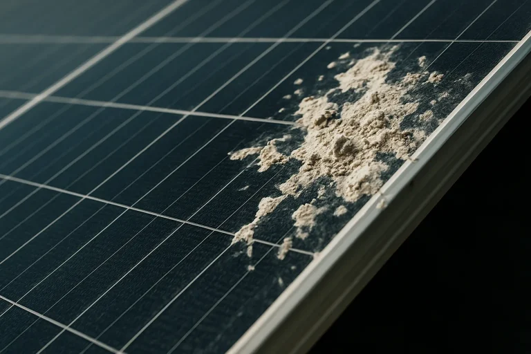 Panneau solaire en gros plan avec des fientes de pigeons, montrant l'impact sur la surface