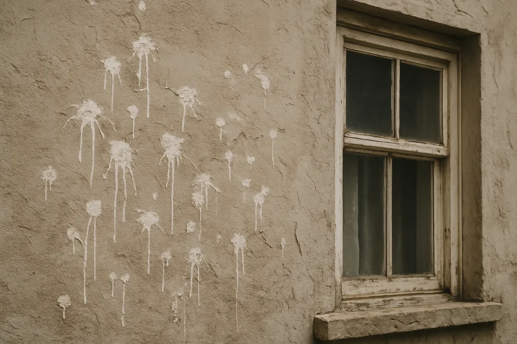 Gros plan sur une façade avec des traces de fientes de pigeons, peinture écaillée