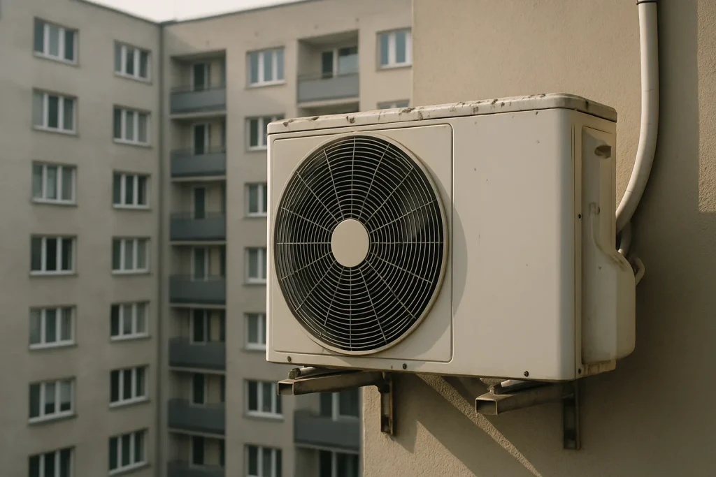 Climatiseur extérieur avec fientes de pigeons, bâtiment en arrière-plan