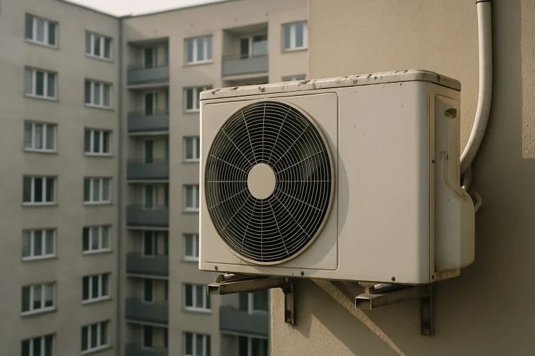 Climatiseur extérieur avec fientes de pigeons, bâtiment en arrière-plan