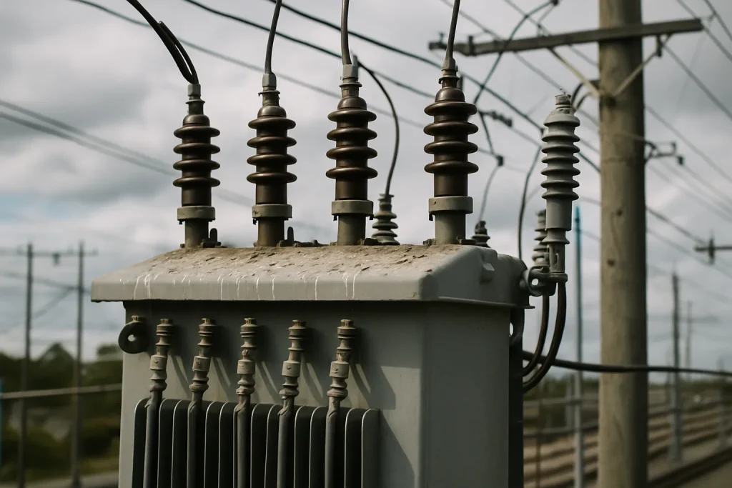 Transformateur électrique extérieur avec fientes de pigeons sur le dessus, ciel nuageux en arrière-plan
