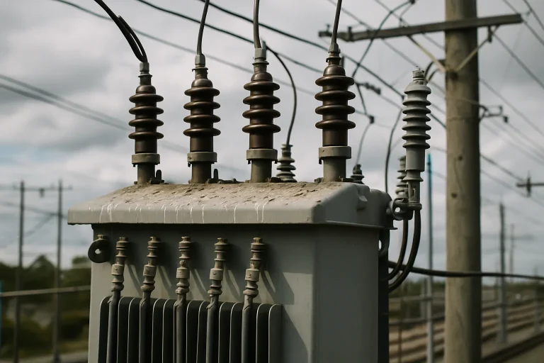 Transformateur électrique extérieur avec fientes de pigeons sur le dessus, ciel nuageux en arrière-plan