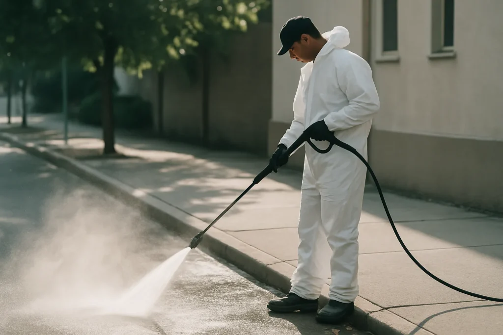 Technicien utilisant un nettoyeur haute pression sur un trottoir pour éliminer les fientes de pigeons