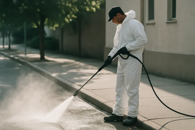 Technicien utilisant un nettoyeur haute pression sur un trottoir pour éliminer les fientes de pigeons