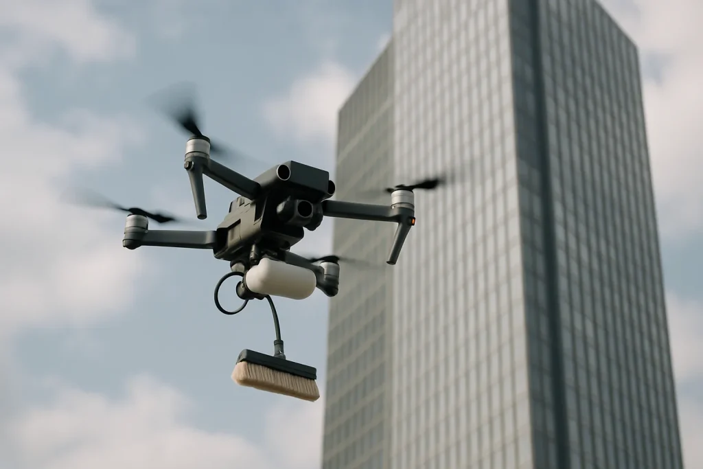 Drone équipé pour le nettoyage, volant au-dessus d'un gratte-ciel par temps partiellement nuageux