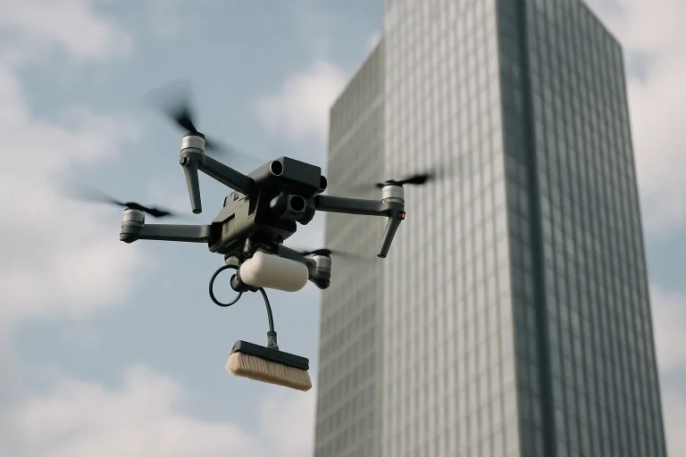 Drone équipé pour le nettoyage, volant au-dessus d'un gratte-ciel par temps partiellement nuageux