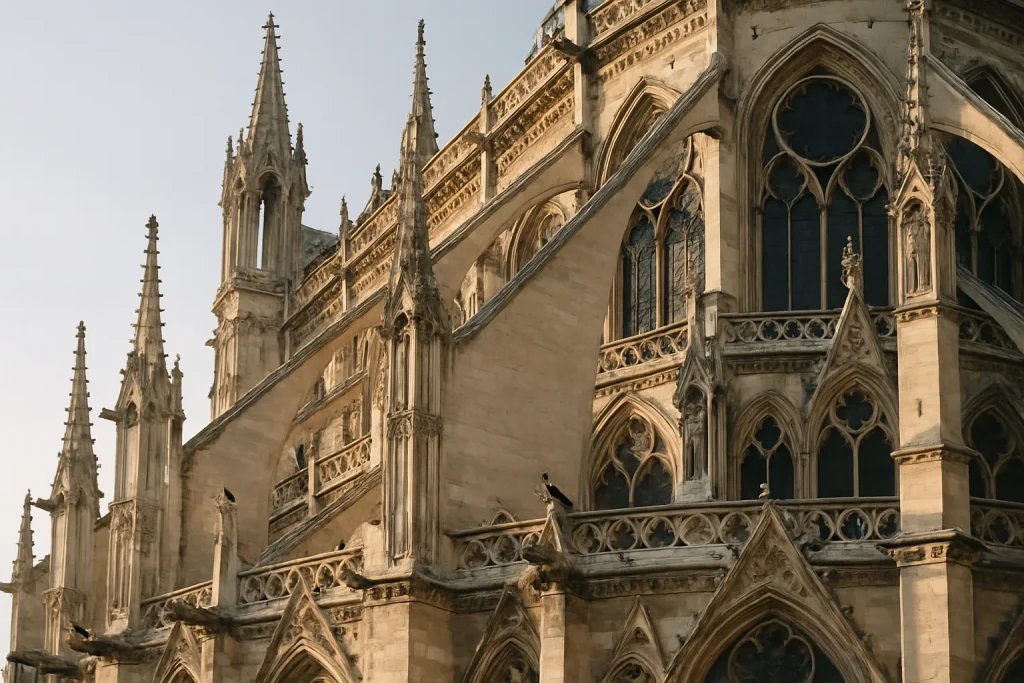 Cathédrale gothique avec pigeons sur les gargouilles, lumière du matin