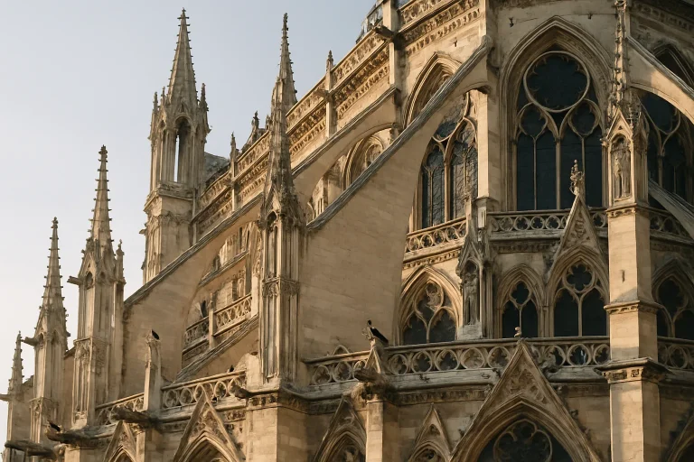 Cathédrale gothique avec pigeons sur les gargouilles, lumière du matin