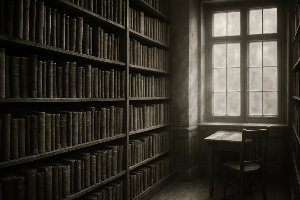 Scène en noir et blanc d'une bibliothèque ancienne, lumière douce, ambiance studieuse