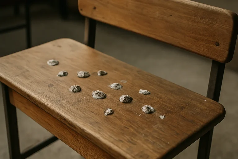 Banc d'école en bois avec des fientes de pigeons séchées, lumière naturelle