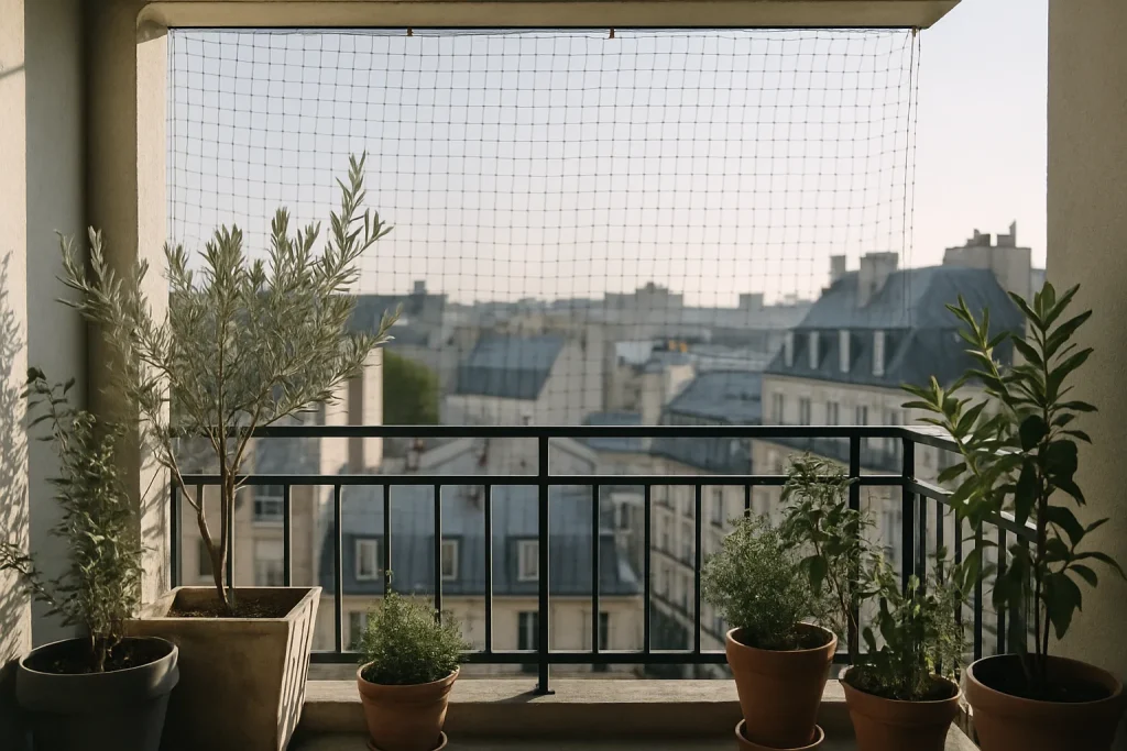 Balcon urbain avec protections anti-pigeons, vue sur les toits et végétation.