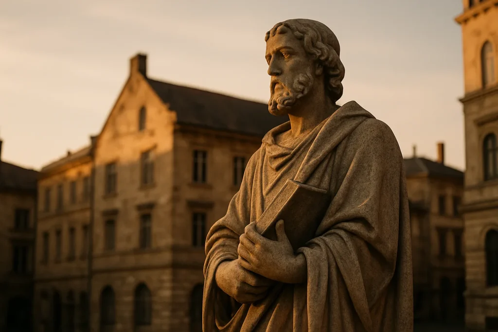 Statue en pierre historique baignée par la lumière dorée du coucher de soleil, environnement urbain ancien