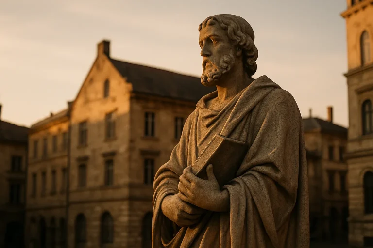 Statue en pierre historique baignée par la lumière dorée du coucher de soleil, environnement urbain ancien