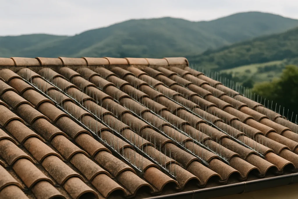 Toit en tuiles avec dispositifs anti-pigeons et collines verdoyantes en arrière-plan