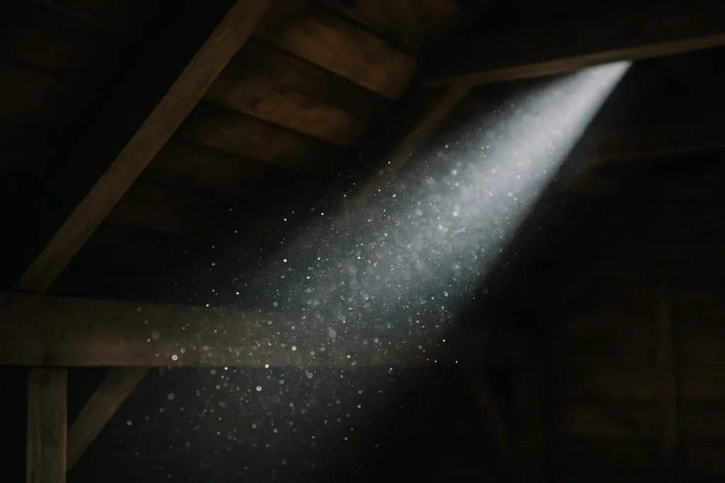Rayon de lumière illuminant des particules de poussière dans un grenier avec poutres en bois