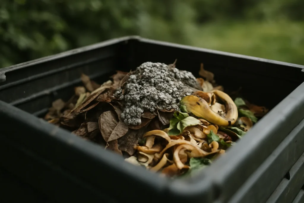 Composteur de jardin avec fientes de pigeons et déchets organiques, lumière naturelle