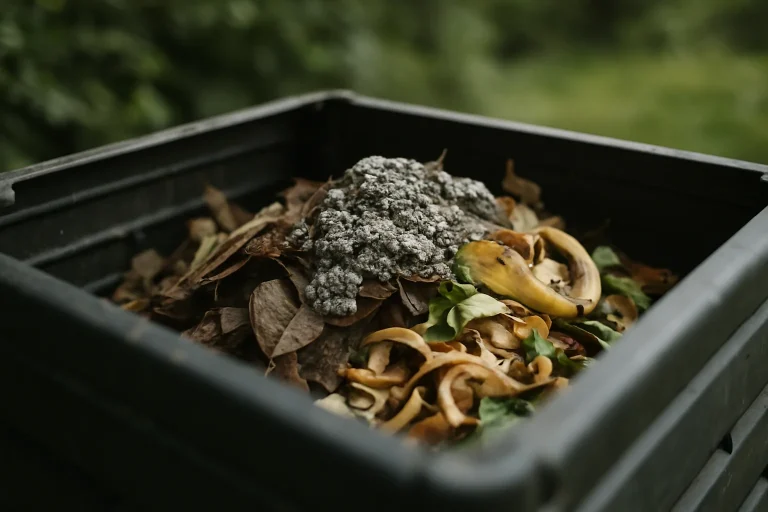 Composteur de jardin avec fientes de pigeons et déchets organiques, lumière naturelle